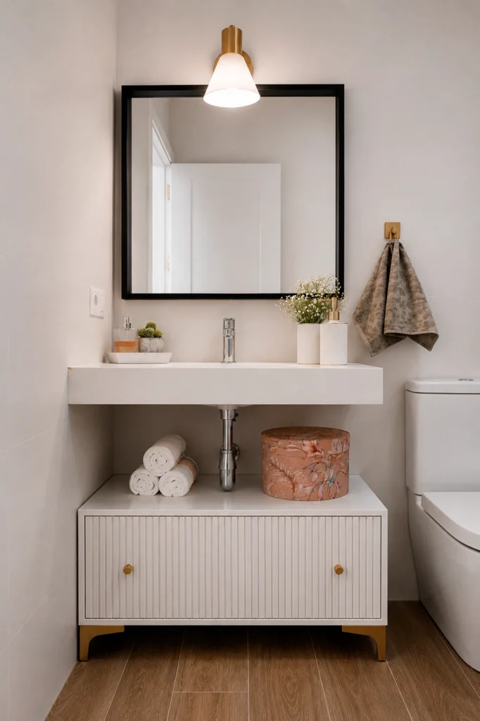 Baño moderno de diseño de Eli Herrero Casa del Escultor, con acabados elegantes, mobiliario funcional, iluminación cuidada y materiales contemporáneos. Proyecto de interiorismo residencial premium.