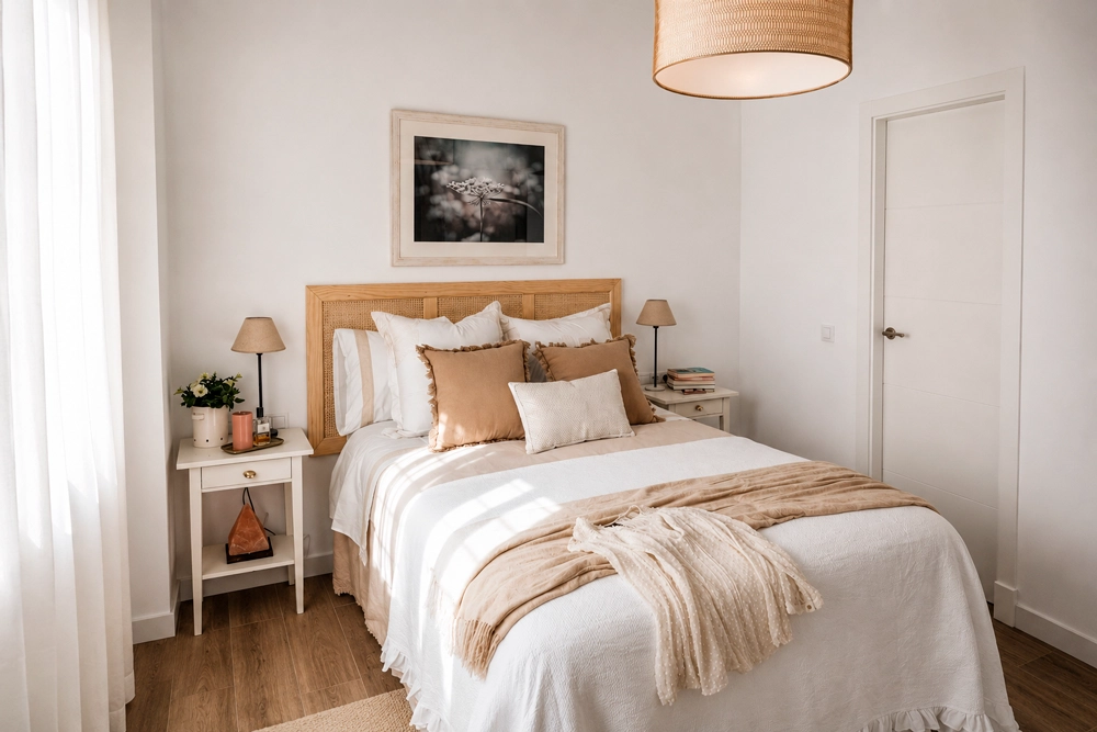 Dormitorio principal de diseño elegante de Eli Herrero Casa del Escultor, con cabecero decorativo, textiles neutros, iluminación cálida y mobiliario funcional. Interiorismo residencial contemporáneo.