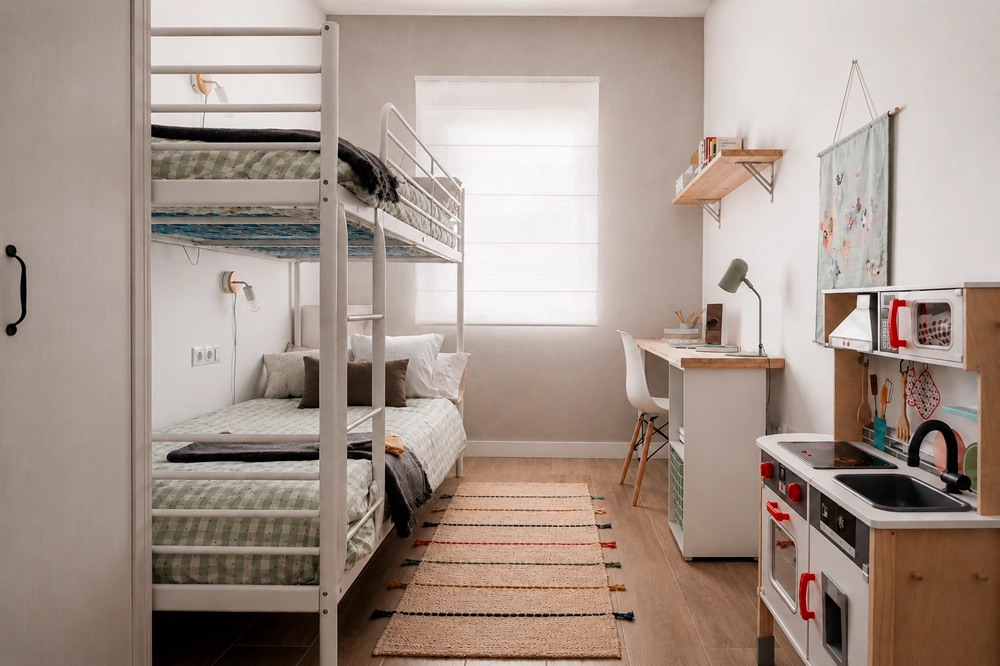 Dormitorio infantil con literas de diseño de Eli Herrero Casa del Escultor, mobiliario funcional y soluciones de almacenamiento optimizadas. Interiorismo práctico y moderno para habitaciones compartidas.