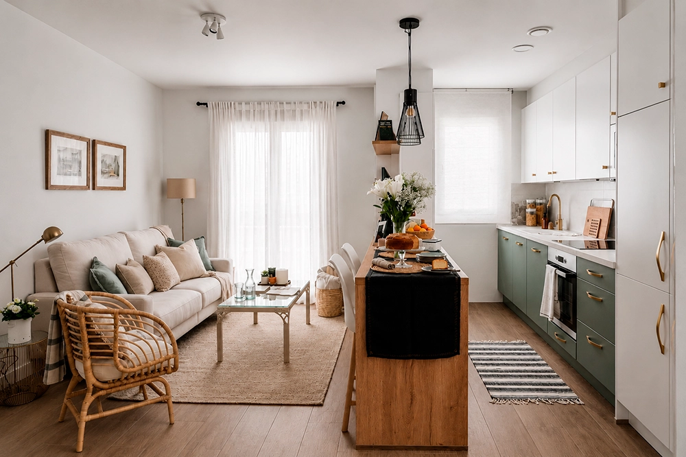 Salón de diseño moderno de Eli Herrero Casa del Escultor, con decoración en tonos neutros, mobiliario contemporáneo, luz natural y acabados en madera. Proyecto de interiorismo residencial elegante y funcional.